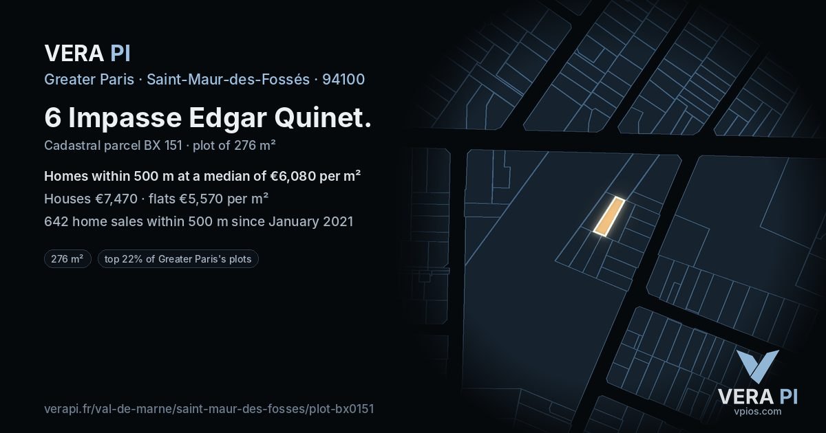 6 Impasse Edgar Quinet, Saint-Maur-des-Fossés at night – the plot lit, the parcels around coloured by the prices near them