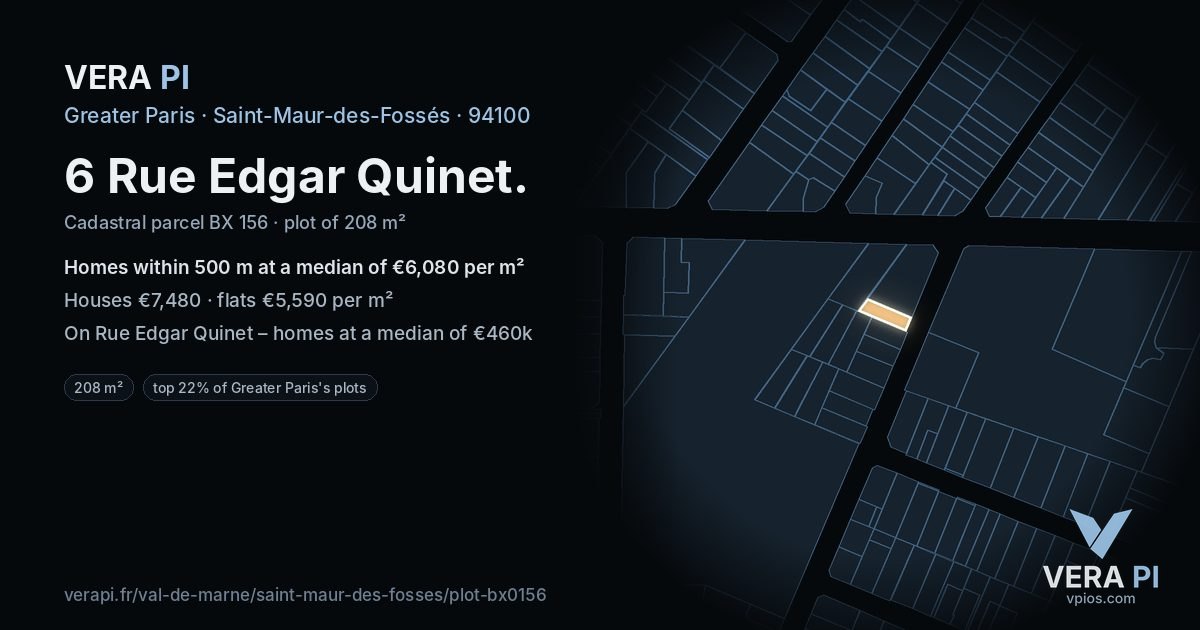 6 Rue Edgar Quinet, Saint-Maur-des-Fossés at night – the plot lit, the parcels around coloured by the prices near them