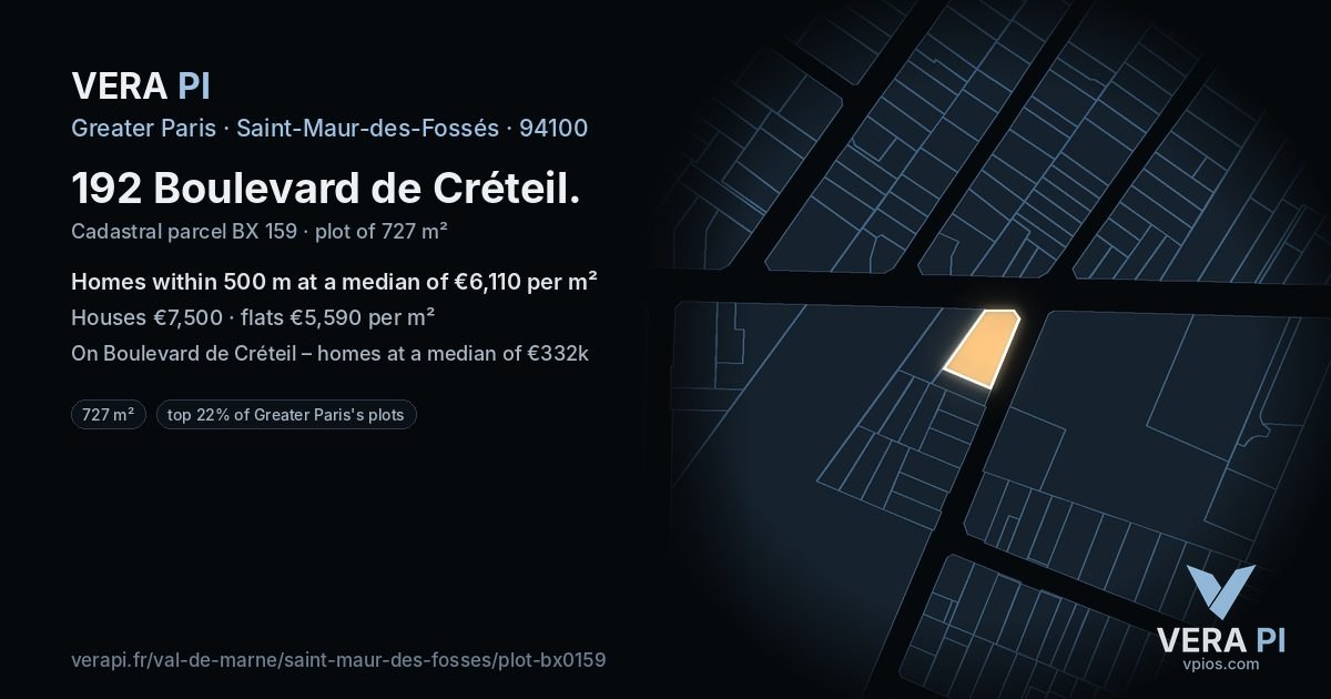 192 Boulevard de Créteil, Saint-Maur-des-Fossés at night – the plot lit, the parcels around coloured by the prices near them