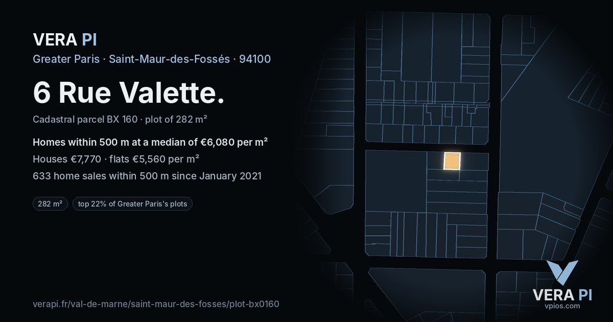 6 Rue Valette, Saint-Maur-des-Fossés at night – the plot lit, the parcels around coloured by the prices near them