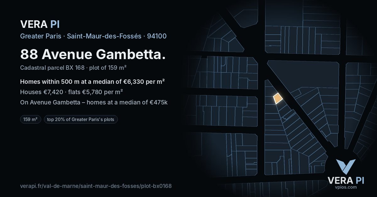 88 Avenue Gambetta, Saint-Maur-des-Fossés at night – the plot lit, the parcels around coloured by the prices near them