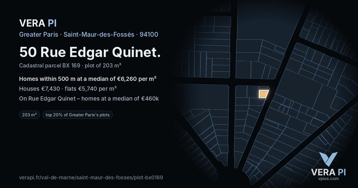 50 Rue Edgar Quinet, Saint-Maur-des-Fossés at night – the plot lit, the parcels around coloured by the prices near them