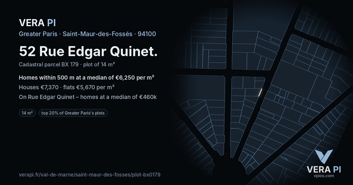 52 Rue Edgar Quinet, Saint-Maur-des-Fossés at night – the plot lit, the parcels around coloured by the prices near them