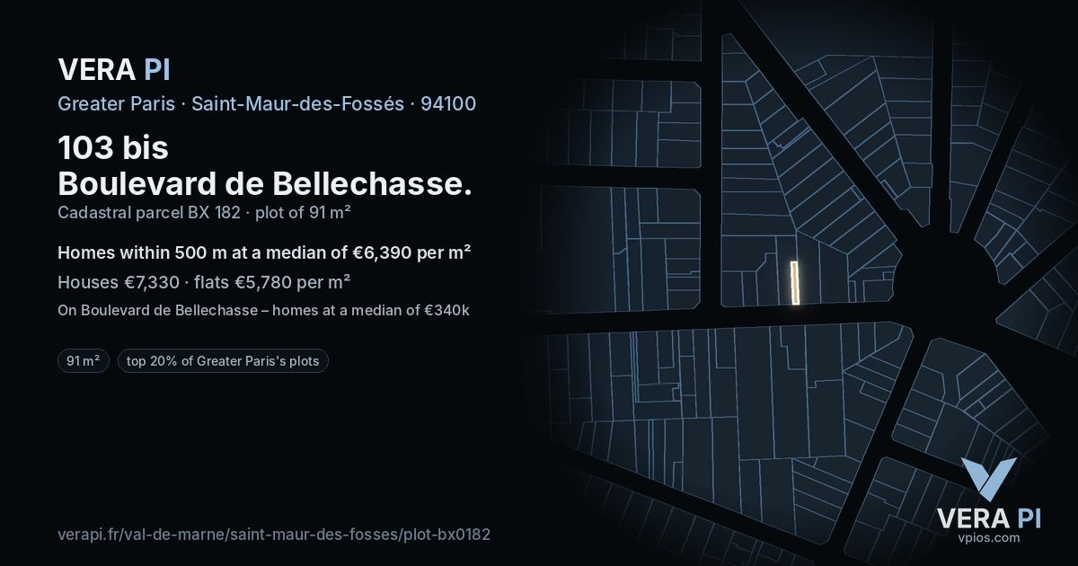 103 bis Boulevard de Bellechasse, Saint-Maur-des-Fossés at night – the plot lit, the parcels around coloured by the prices near them
