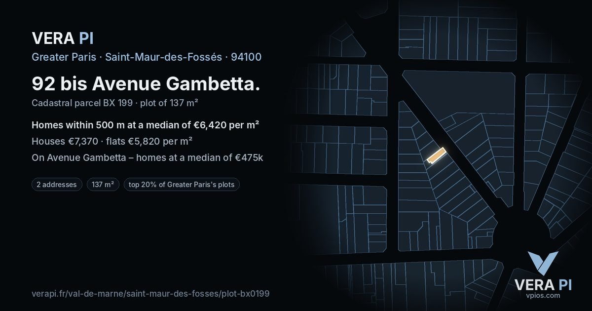 92 bis Avenue Gambetta, Saint-Maur-des-Fossés at night – the plot lit, the parcels around coloured by the prices near them