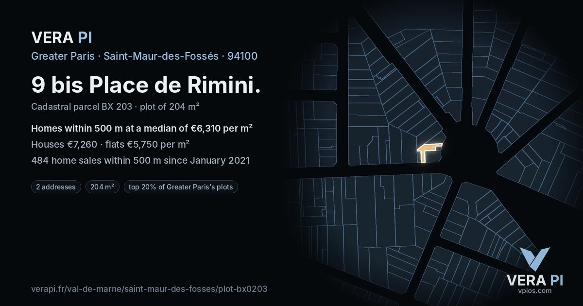 9 bis Place de Rimini, Saint-Maur-des-Fossés at night – the plot lit, the parcels around coloured by the prices near them
