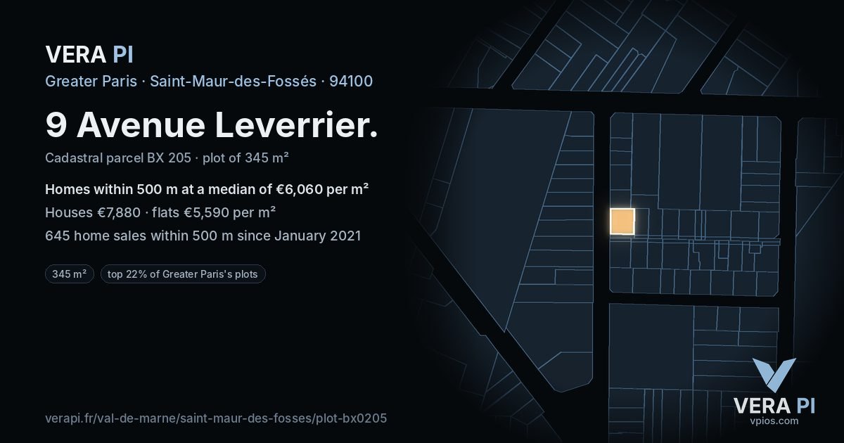 9 Avenue Leverrier, Saint-Maur-des-Fossés at night – the plot lit, the parcels around coloured by the prices near them