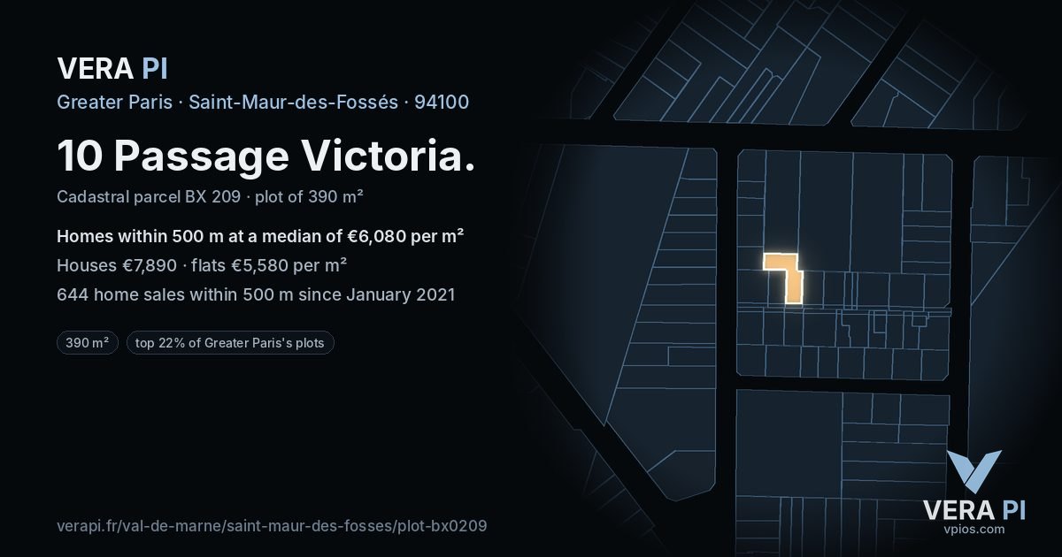 10 Passage Victoria, Saint-Maur-des-Fossés at night – the plot lit, the parcels around coloured by the prices near them
