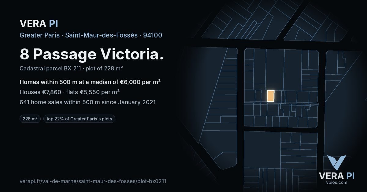 8 Passage Victoria, Saint-Maur-des-Fossés at night – the plot lit, the parcels around coloured by the prices near them