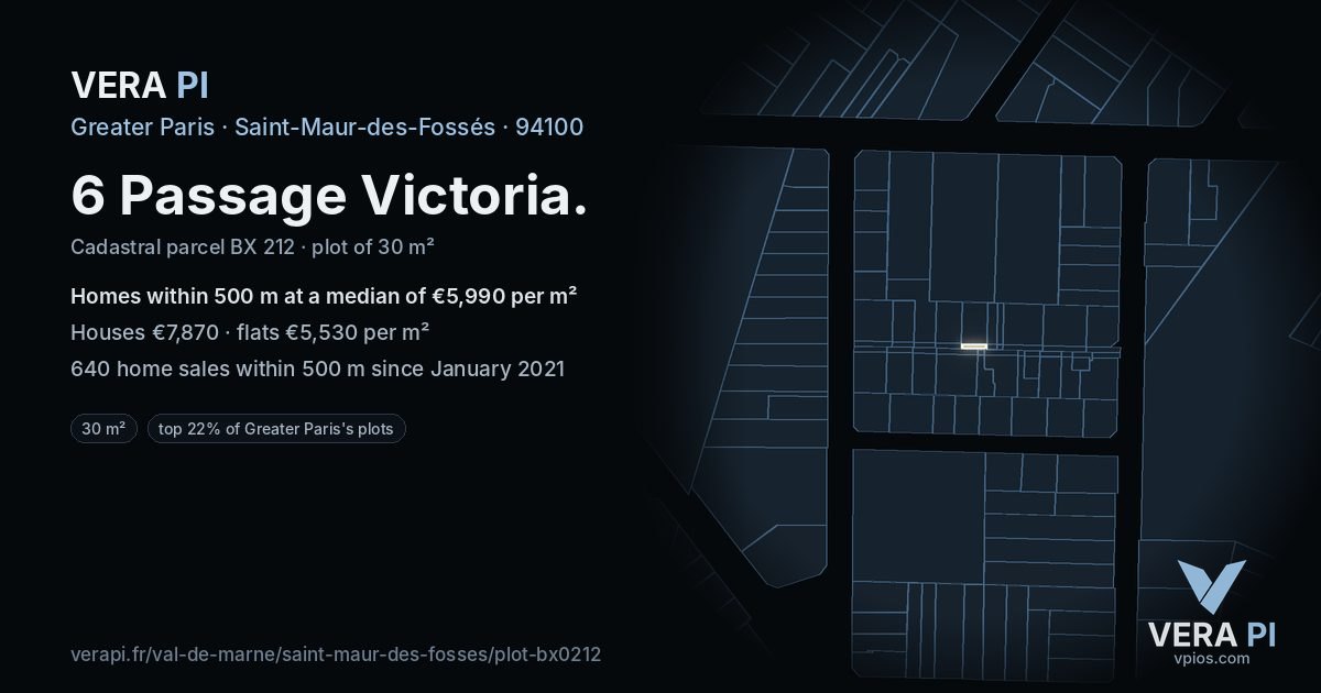 6 Passage Victoria, Saint-Maur-des-Fossés at night – the plot lit, the parcels around coloured by the prices near them