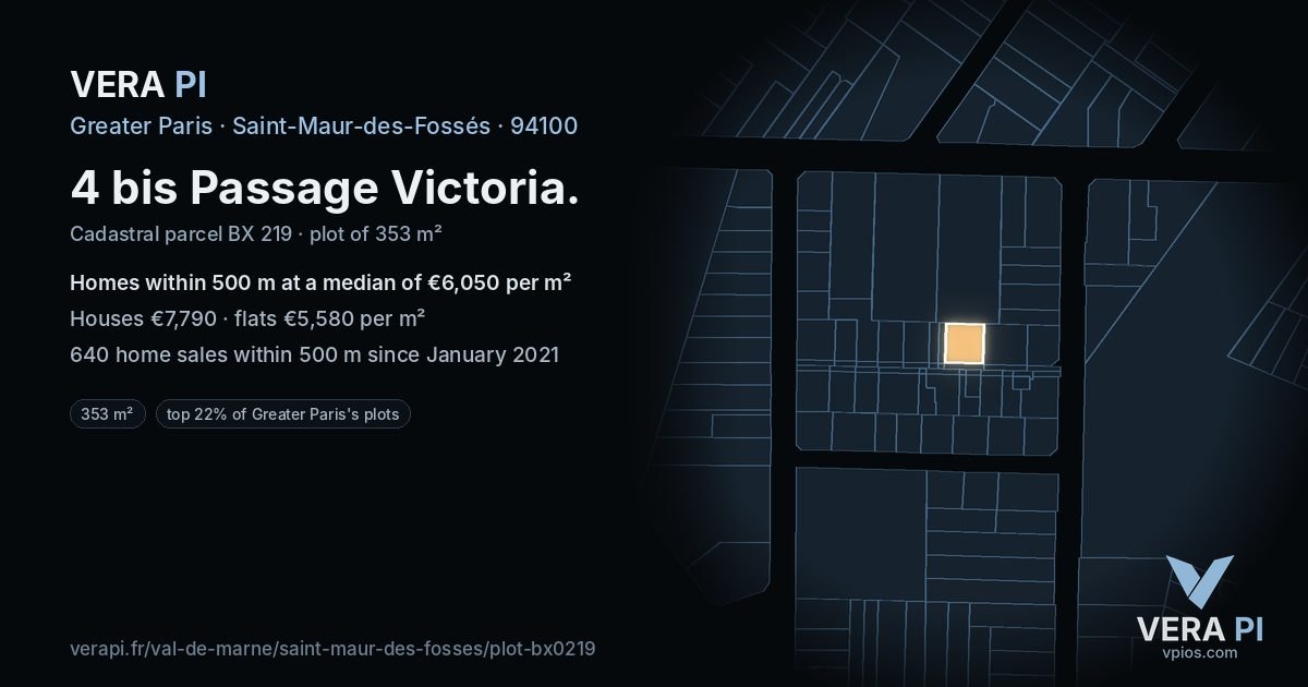 4 bis Passage Victoria, Saint-Maur-des-Fossés at night – the plot lit, the parcels around coloured by the prices near them