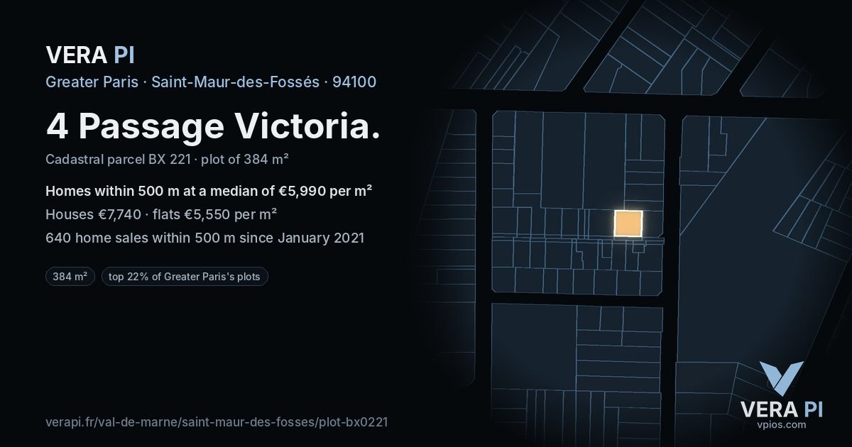 4 Passage Victoria, Saint-Maur-des-Fossés at night – the plot lit, the parcels around coloured by the prices near them