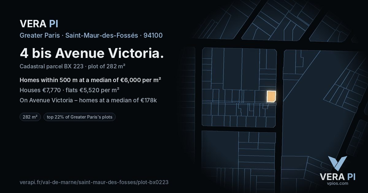 4 bis Avenue Victoria, Saint-Maur-des-Fossés at night – the plot lit, the parcels around coloured by the prices near them