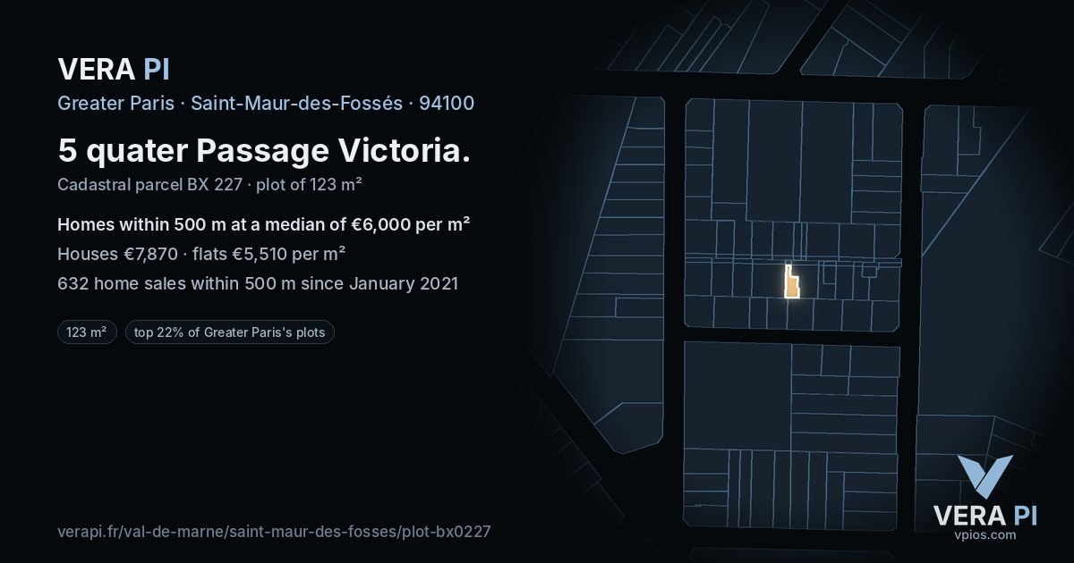 5 quater Passage Victoria, Saint-Maur-des-Fossés at night – the plot lit, the parcels around coloured by the prices near them