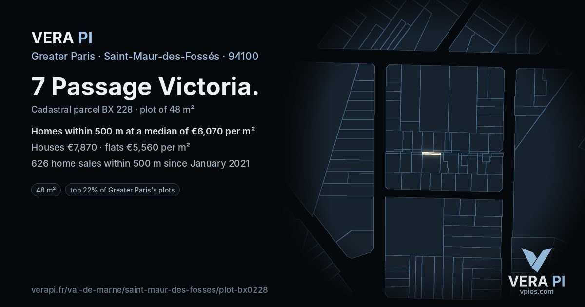7 Passage Victoria, Saint-Maur-des-Fossés at night – the plot lit, the parcels around coloured by the prices near them