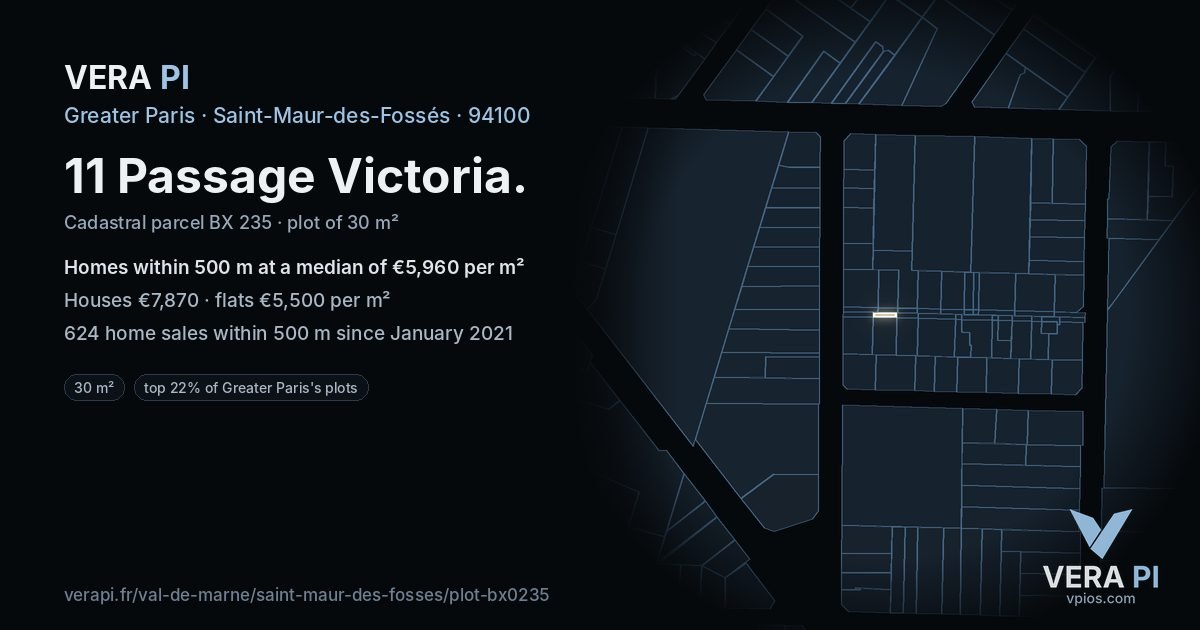 11 Passage Victoria, Saint-Maur-des-Fossés at night – the plot lit, the parcels around coloured by the prices near them