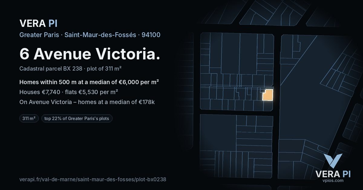 6 Avenue Victoria, Saint-Maur-des-Fossés at night – the plot lit, the parcels around coloured by the prices near them