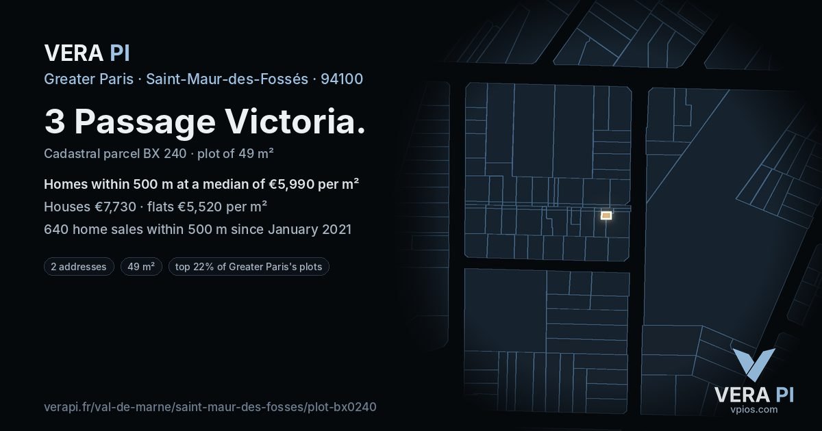3 Passage Victoria, Saint-Maur-des-Fossés at night – the plot lit, the parcels around coloured by the prices near them