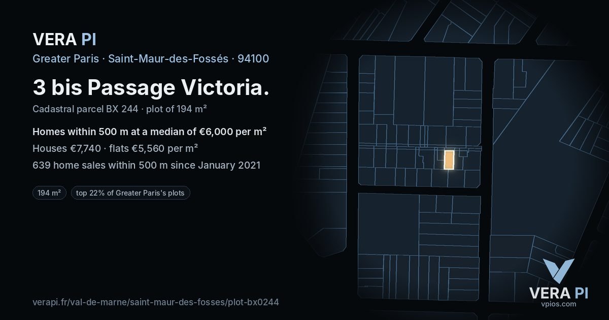 3 bis Passage Victoria, Saint-Maur-des-Fossés at night – the plot lit, the parcels around coloured by the prices near them