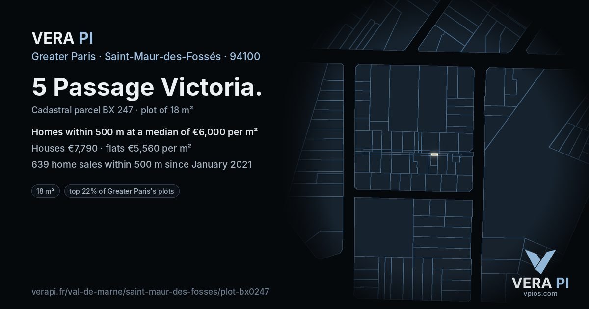5 Passage Victoria, Saint-Maur-des-Fossés at night – the plot lit, the parcels around coloured by the prices near them