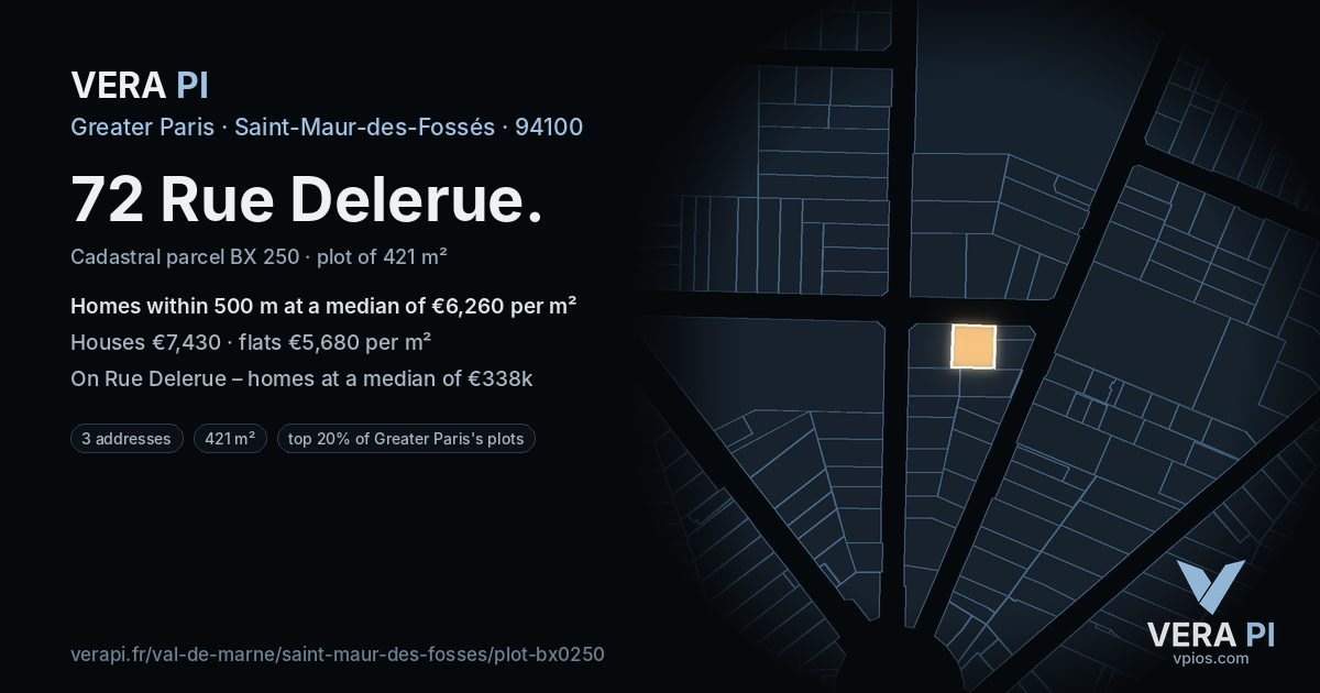 72 Rue Delerue, Saint-Maur-des-Fossés at night – the plot lit, the parcels around coloured by the prices near them