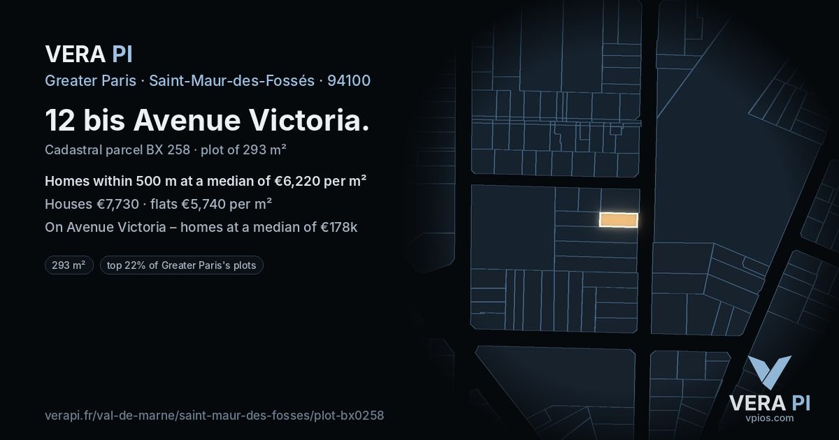 12 bis Avenue Victoria, Saint-Maur-des-Fossés at night – the plot lit, the parcels around coloured by the prices near them