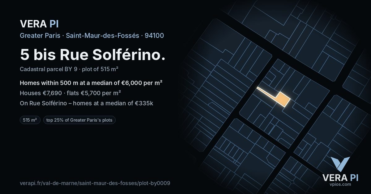5 bis Rue Solférino, Saint-Maur-des-Fossés at night – the plot lit, the parcels around coloured by the prices near them
