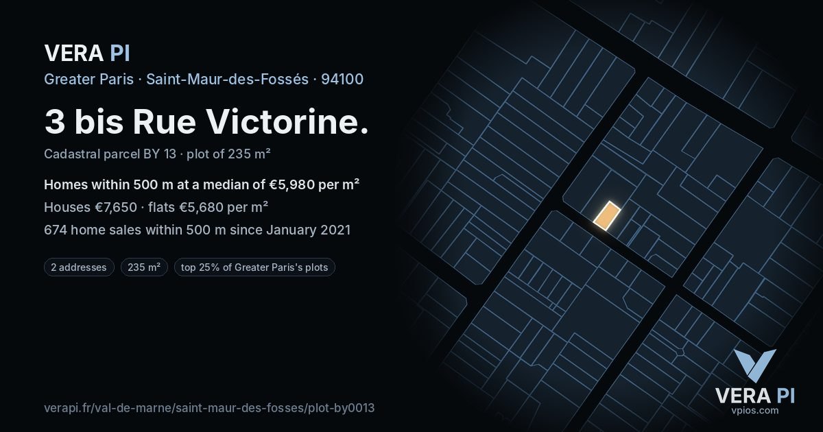 3 bis Rue Victorine, Saint-Maur-des-Fossés at night – the plot lit, the parcels around coloured by the prices near them