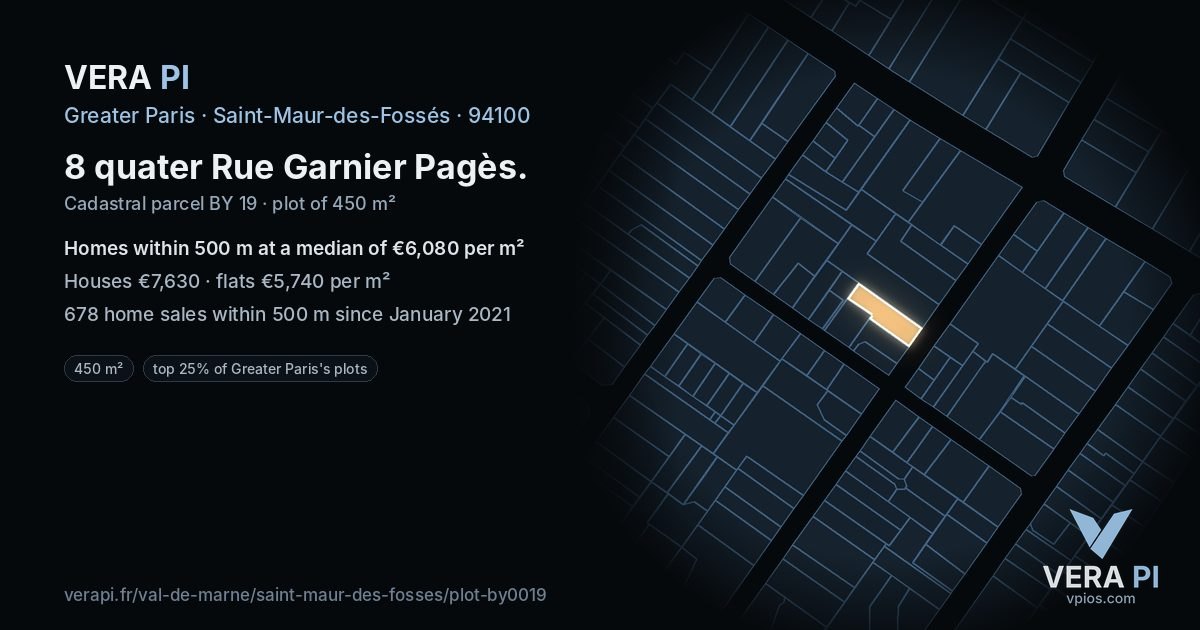 8 quater Rue Garnier Pagès, Saint-Maur-des-Fossés at night – the plot lit, the parcels around coloured by the prices near them