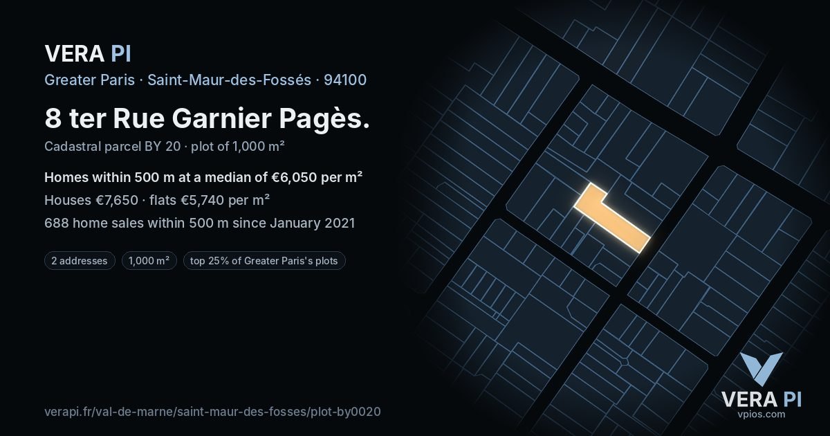 8 ter Rue Garnier Pagès, Saint-Maur-des-Fossés at night – the plot lit, the parcels around coloured by the prices near them