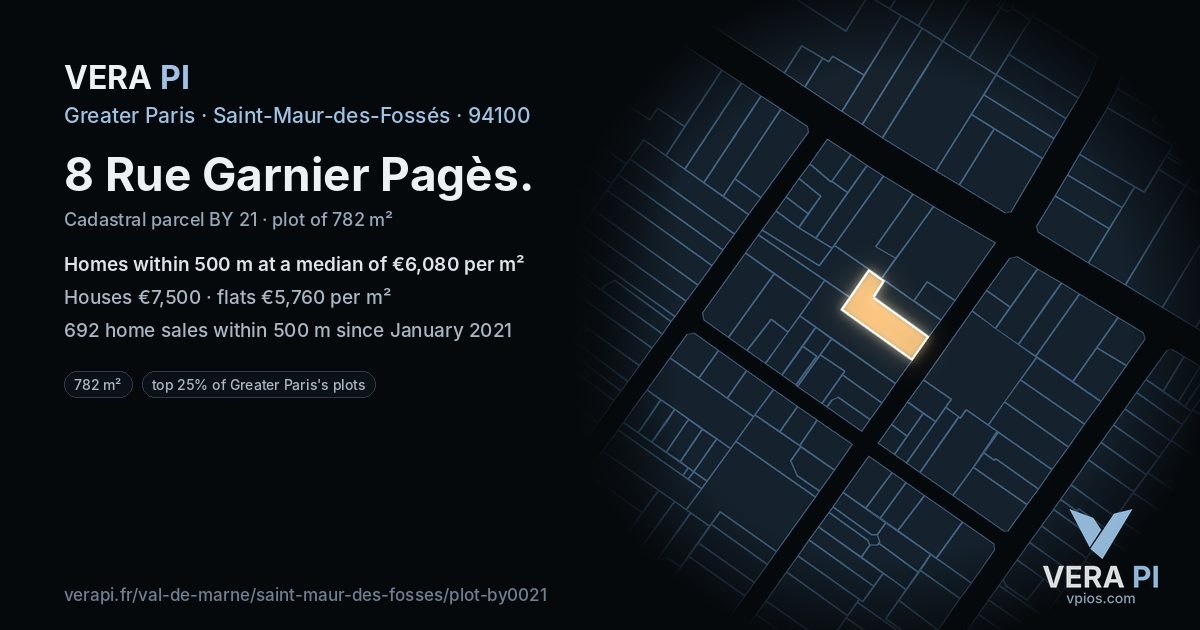 8 Rue Garnier Pagès, Saint-Maur-des-Fossés at night – the plot lit, the parcels around coloured by the prices near them
