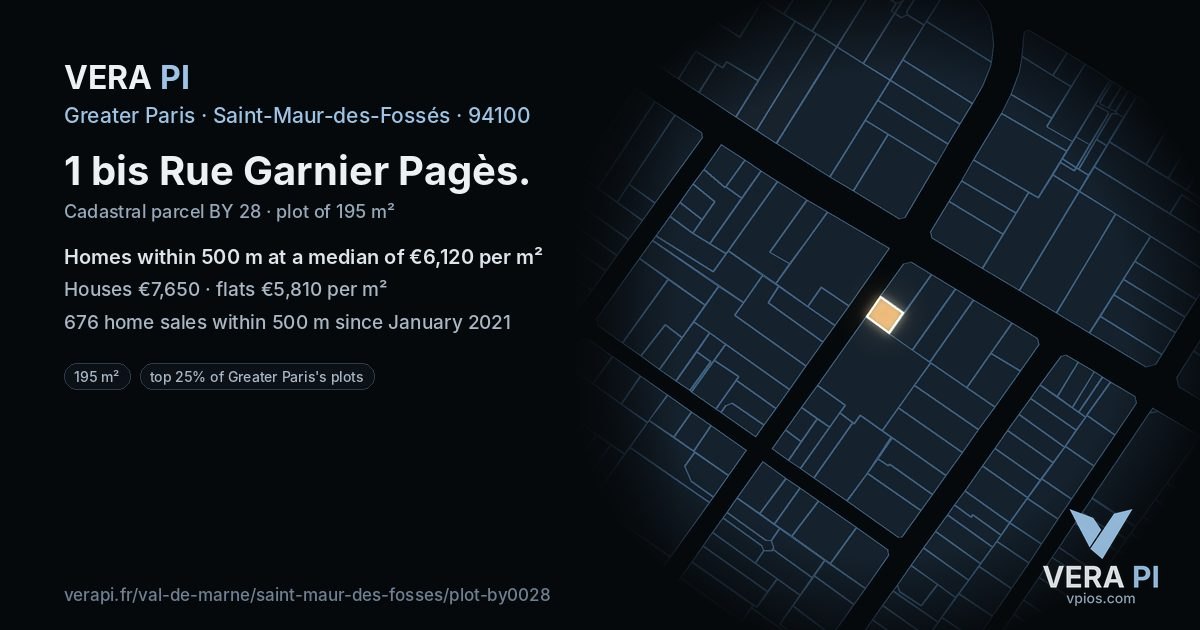 1 bis Rue Garnier Pagès, Saint-Maur-des-Fossés at night – the plot lit, the parcels around coloured by the prices near them