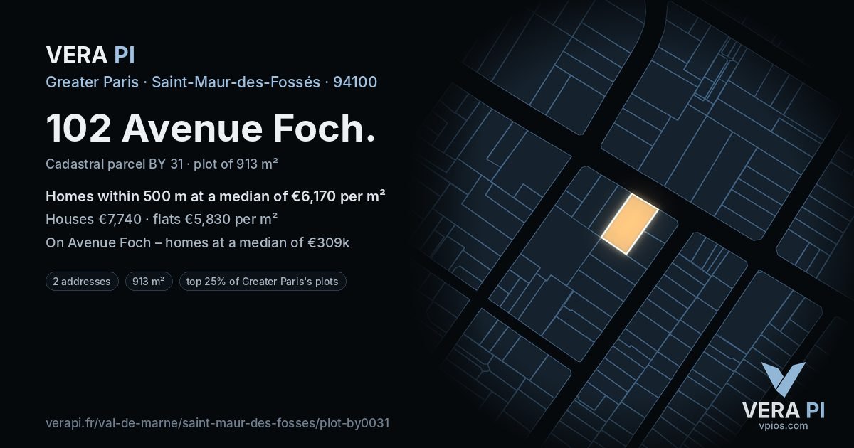 102 Avenue Foch, Saint-Maur-des-Fossés at night – the plot lit, the parcels around coloured by the prices near them