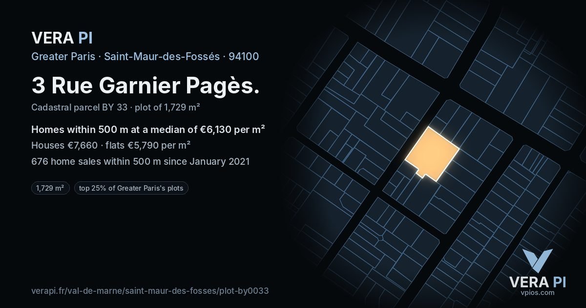 3 Rue Garnier Pagès, Saint-Maur-des-Fossés at night – the plot lit, the parcels around coloured by the prices near them