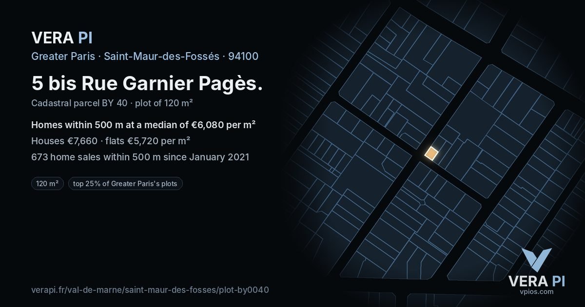5 bis Rue Garnier Pagès, Saint-Maur-des-Fossés at night – the plot lit, the parcels around coloured by the prices near them