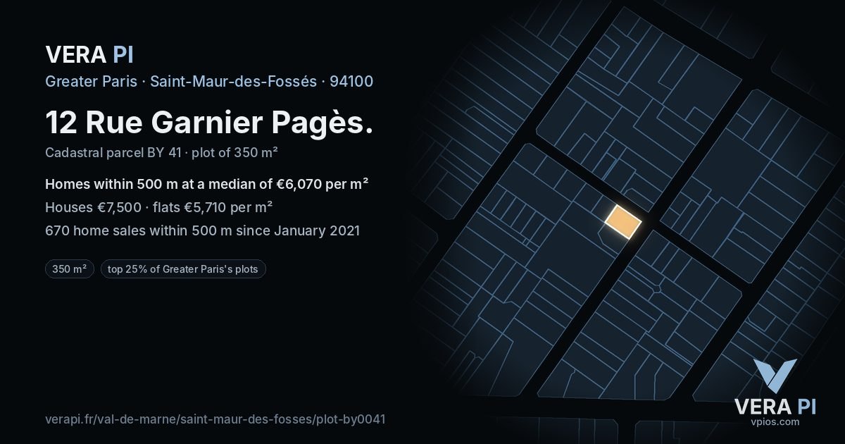 12 Rue Garnier Pagès, Saint-Maur-des-Fossés at night – the plot lit, the parcels around coloured by the prices near them