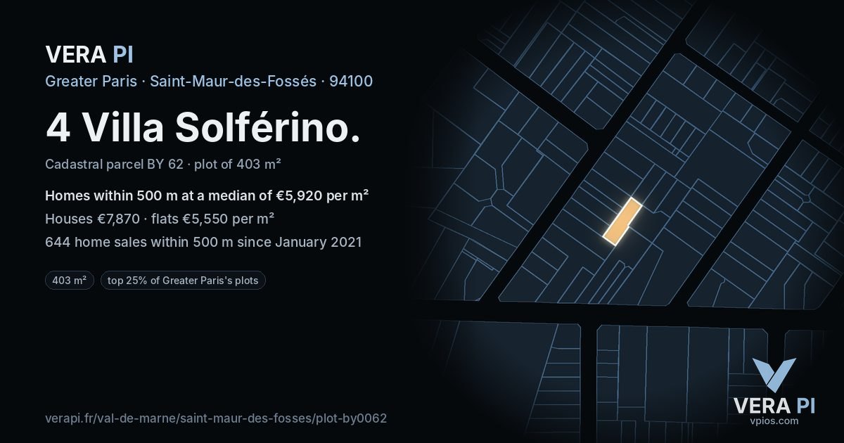 4 Villa Solférino, Saint-Maur-des-Fossés at night – the plot lit, the parcels around coloured by the prices near them