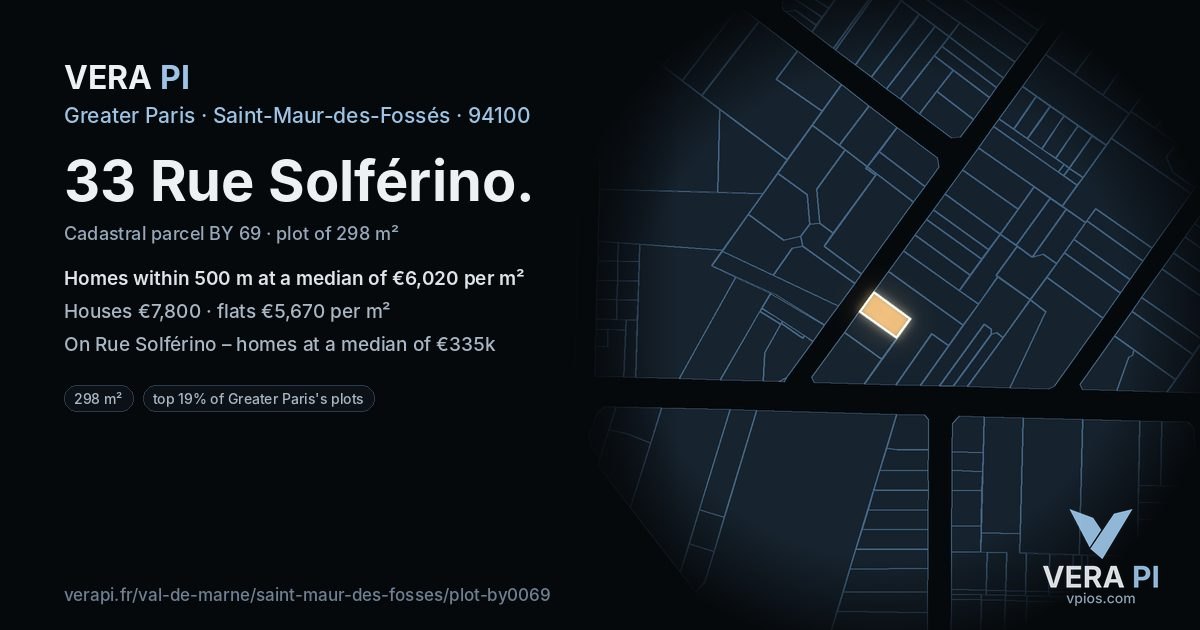 33 Rue Solférino, Saint-Maur-des-Fossés at night – the plot lit, the parcels around coloured by the prices near them