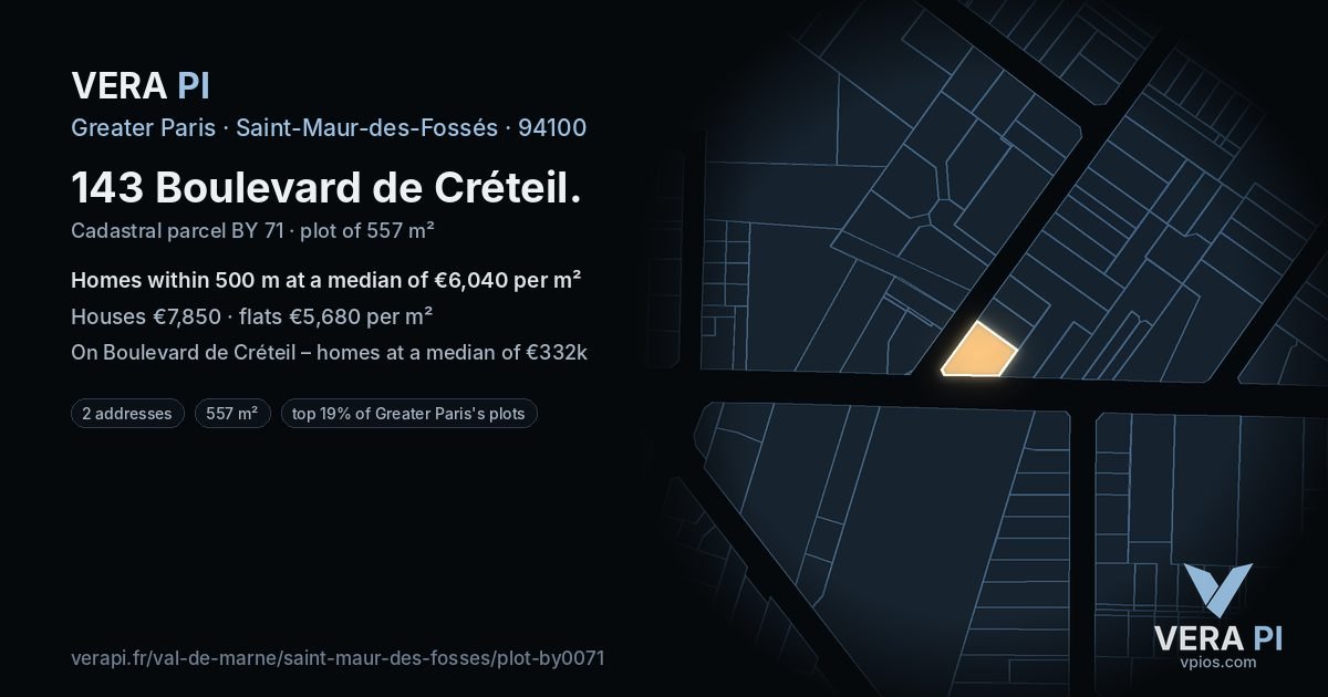 143 Boulevard de Créteil, Saint-Maur-des-Fossés at night – the plot lit, the parcels around coloured by the prices near them