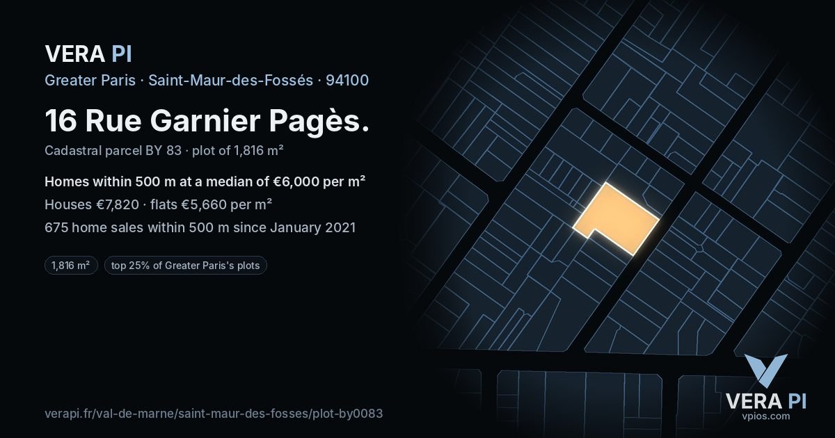 16 Rue Garnier Pagès, Saint-Maur-des-Fossés at night – the plot lit, the parcels around coloured by the prices near them