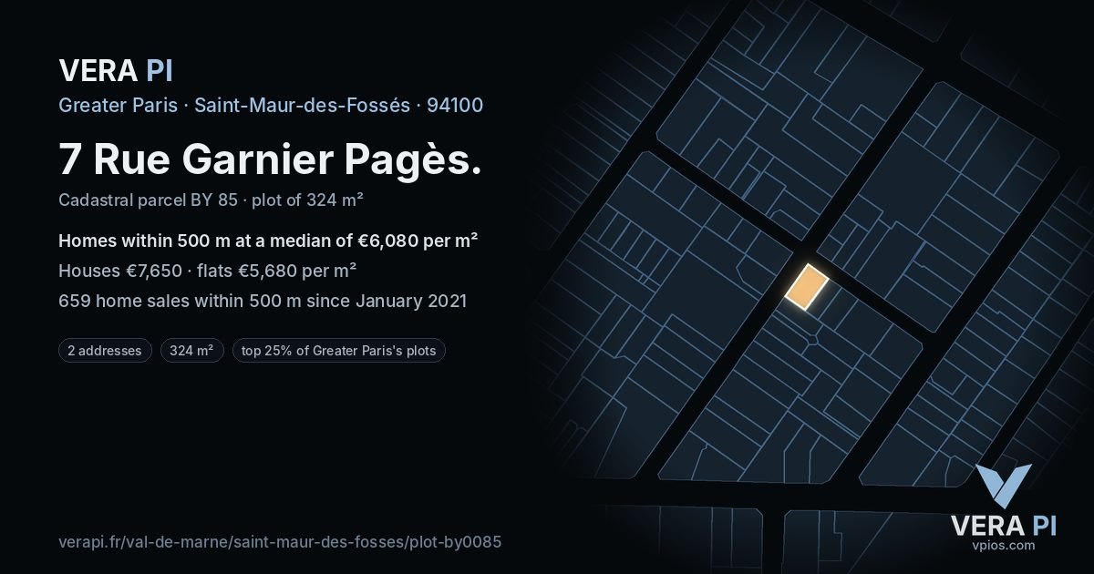 7 Rue Garnier Pagès, Saint-Maur-des-Fossés at night – the plot lit, the parcels around coloured by the prices near them