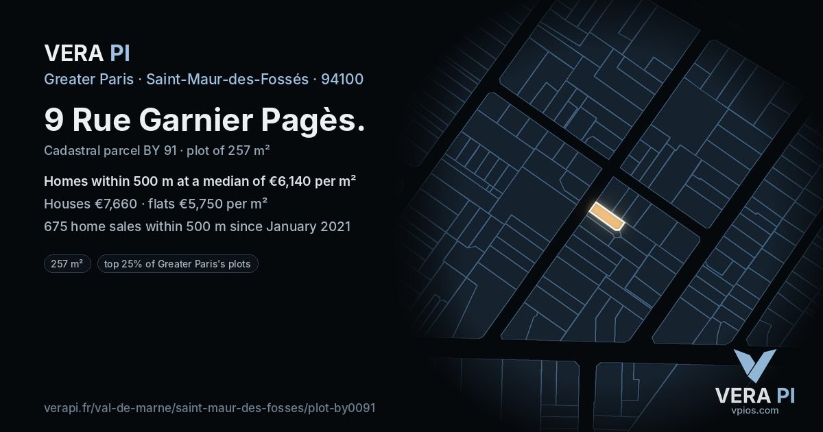 9 Rue Garnier Pagès, Saint-Maur-des-Fossés at night – the plot lit, the parcels around coloured by the prices near them