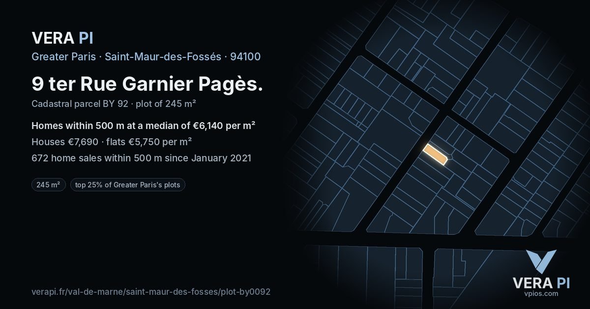 9 ter Rue Garnier Pagès, Saint-Maur-des-Fossés at night – the plot lit, the parcels around coloured by the prices near them