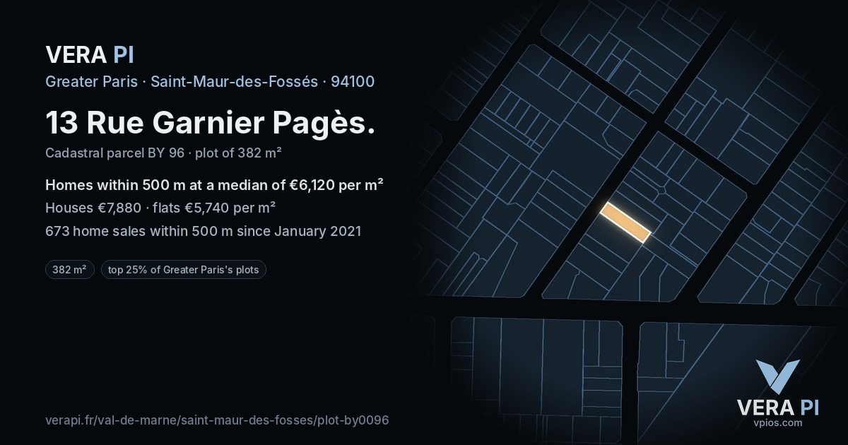 13 Rue Garnier Pagès, Saint-Maur-des-Fossés at night – the plot lit, the parcels around coloured by the prices near them