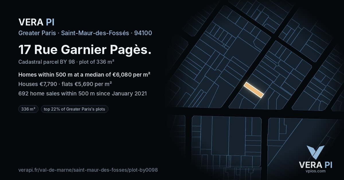 17 Rue Garnier Pagès, Saint-Maur-des-Fossés at night – the plot lit, the parcels around coloured by the prices near them