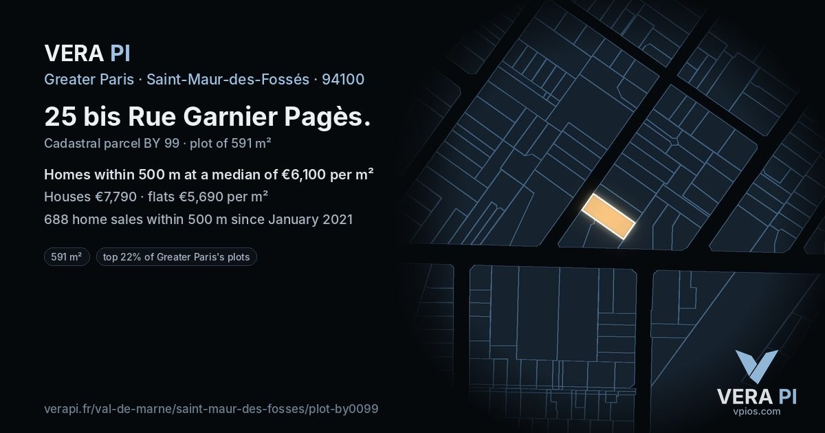 25 bis Rue Garnier Pagès, Saint-Maur-des-Fossés at night – the plot lit, the parcels around coloured by the prices near them