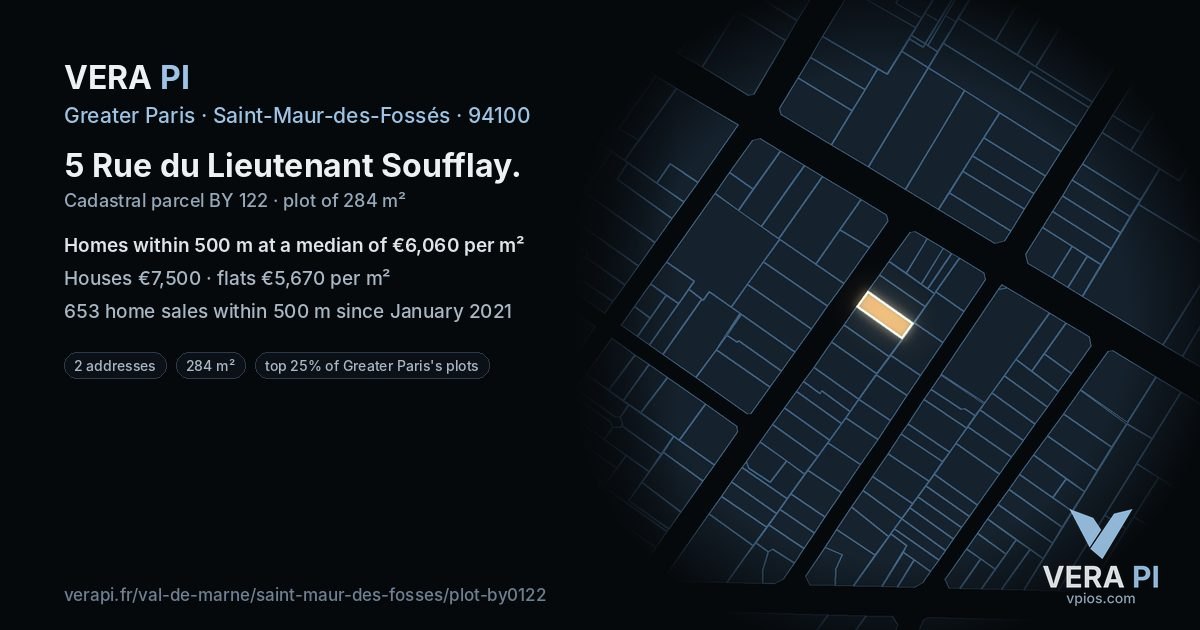 5 Rue du Lieutenant Soufflay, Saint-Maur-des-Fossés at night – the plot lit, the parcels around coloured by the prices near them