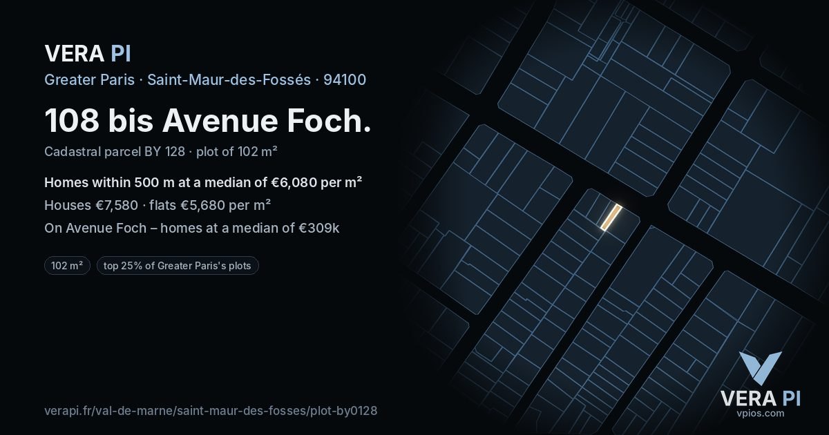 108 bis Avenue Foch, Saint-Maur-des-Fossés at night – the plot lit, the parcels around coloured by the prices near them