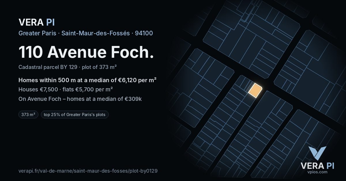 110 Avenue Foch, Saint-Maur-des-Fossés at night – the plot lit, the parcels around coloured by the prices near them