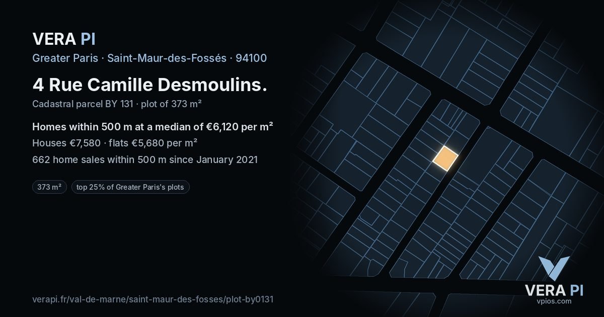 4 Rue Camille Desmoulins, Saint-Maur-des-Fossés at night – the plot lit, the parcels around coloured by the prices near them